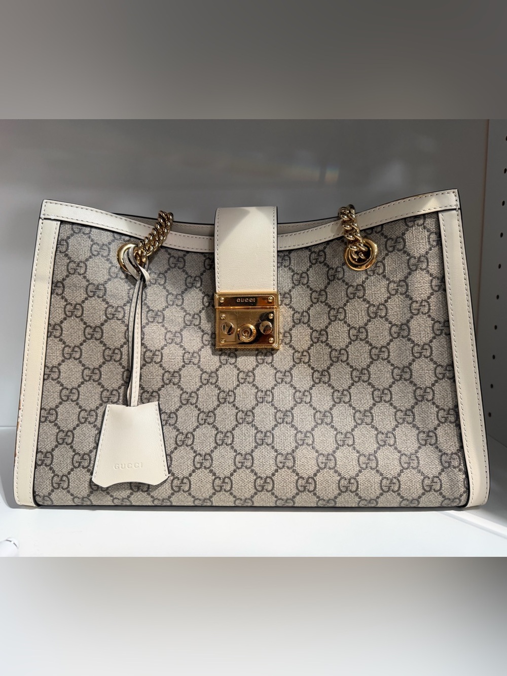 Gucci Beige GG Supreme Tote with White Trim and Gold Hardware